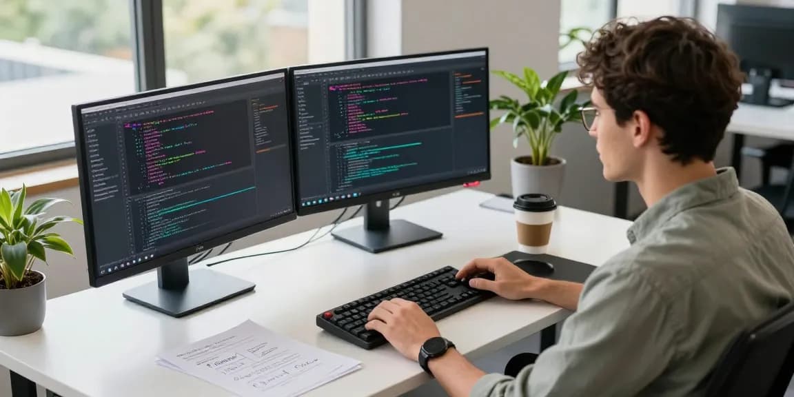 Developer coding on dual monitors showcasing 纸飞机中文版 features in a modern office.