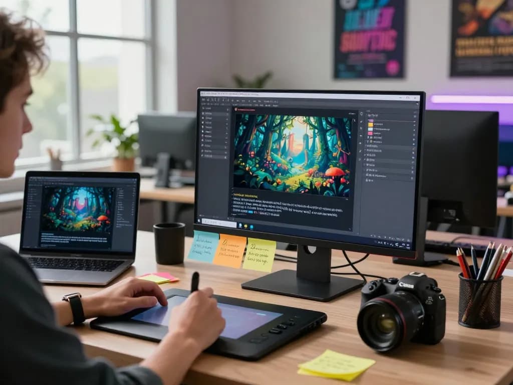 User generating creative prompts with image to prompt ai in a tech workspace showcasing vibrant AI-powered visuals.