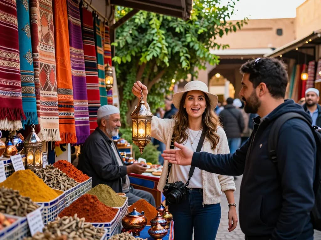 Experience the magic of Morocco with our travel company in a vibrant market scene filled with local culture.