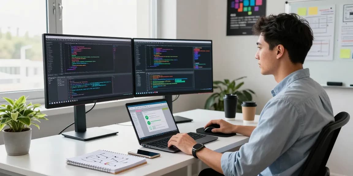 Dynamic workspace showcasing the open claw skill development with a developer coding at dual monitors and a sleek desk.