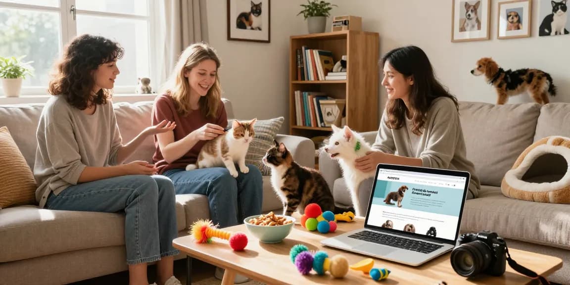 Cozy living room scene with pet lovers sharing tips and discussing rokok88 link login during a playful moment with their pets.
