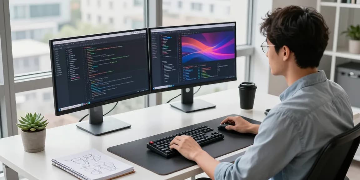 Developer using openclawd in a modern workspace with dual monitors and natural light.