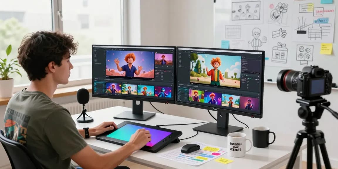 Professional video creator using ai seedance 2.0 in a modern studio with dual monitors and vibrant graphics.