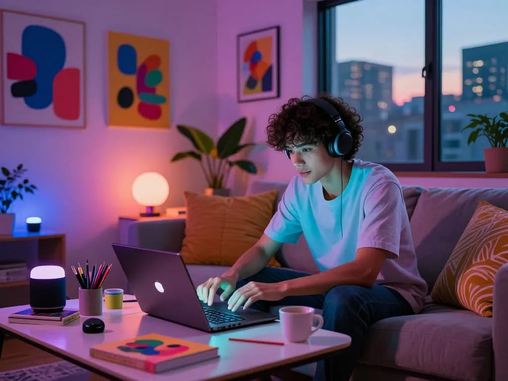Engaging with nsfw ai chatbot in a vibrant urban apartment filled with creativity and tech.