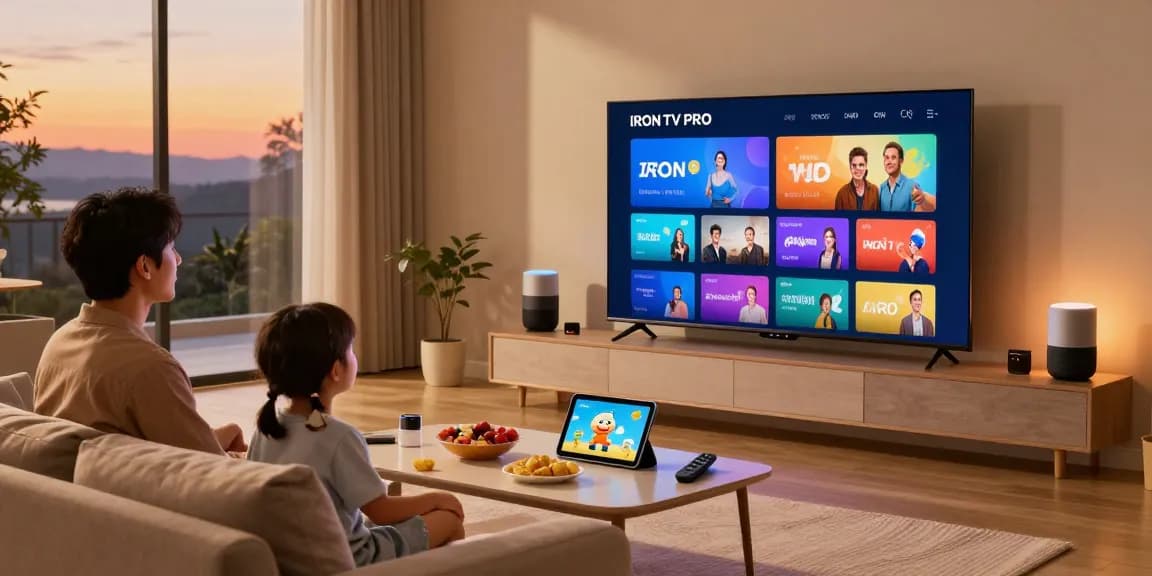Family enjoying IRON TV PRO streaming in a stylish living room with Smart TV.