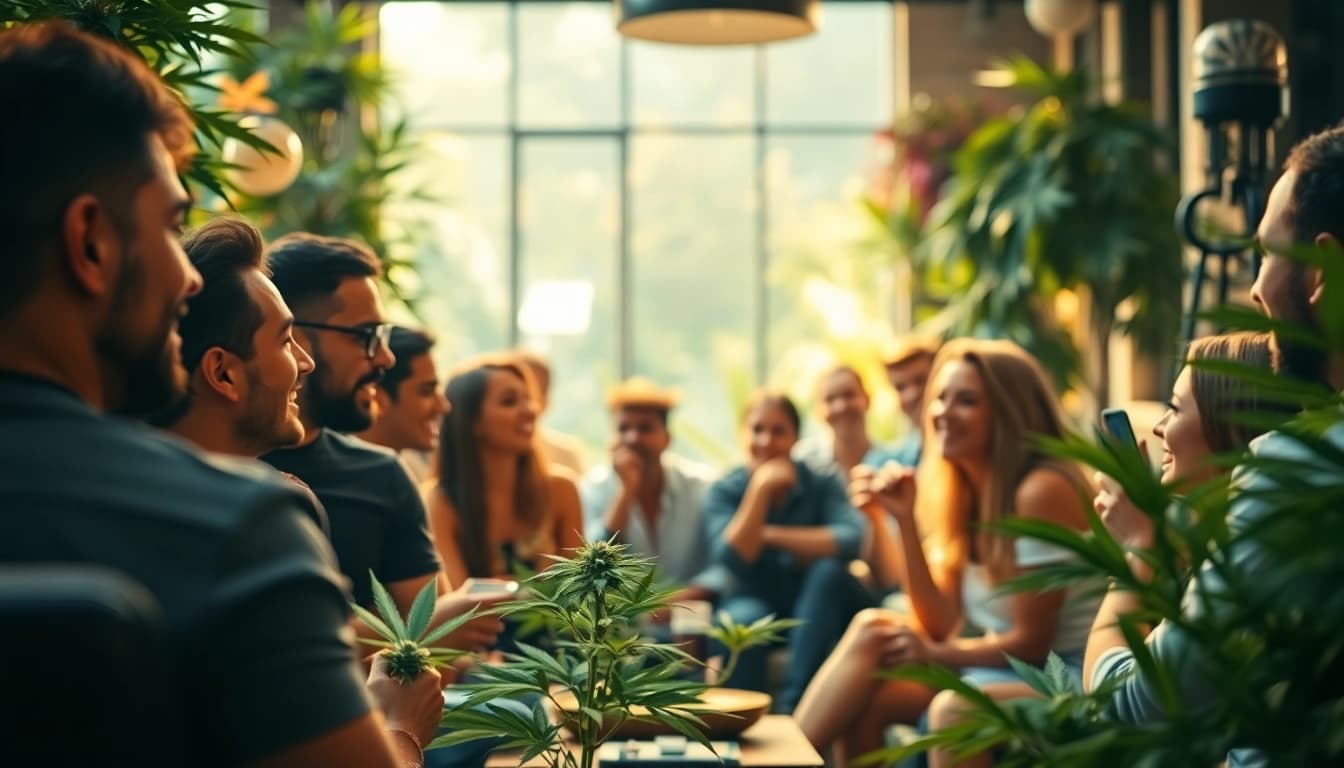 Enthusiastic members enjoying Weed Club Madrid, engaging in relaxed conversation amidst lush greenery.