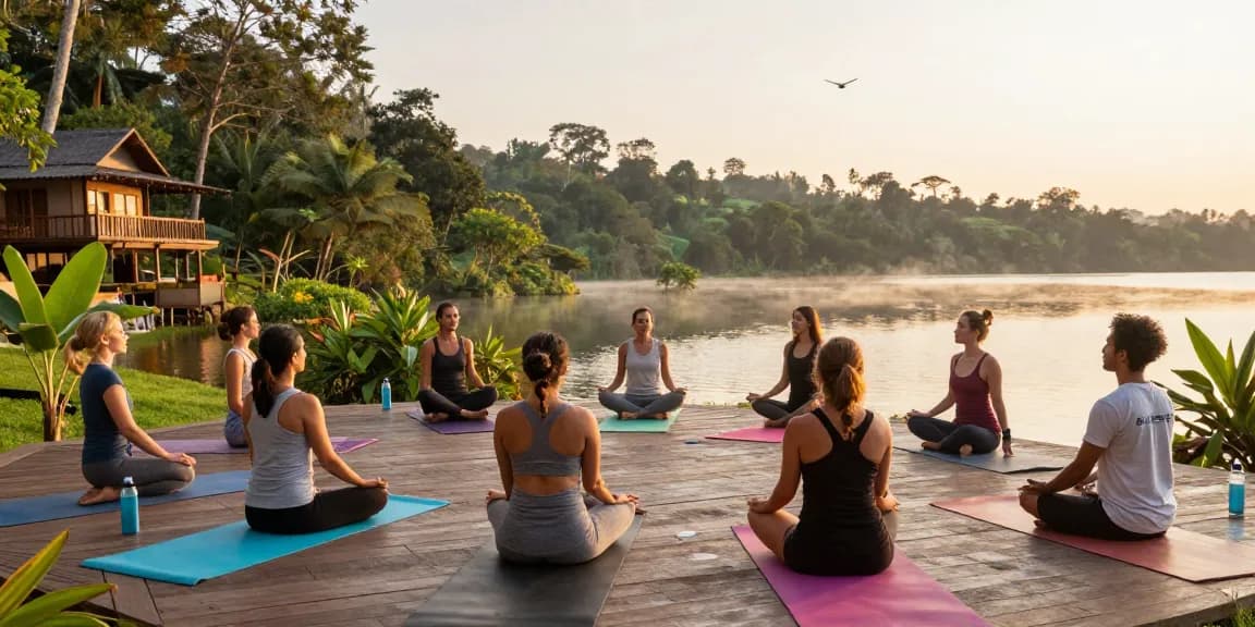 Yoga teacher training Sri Lanka at sunrise by Koggala Lake, group practicing asanas with tropical backdrop.