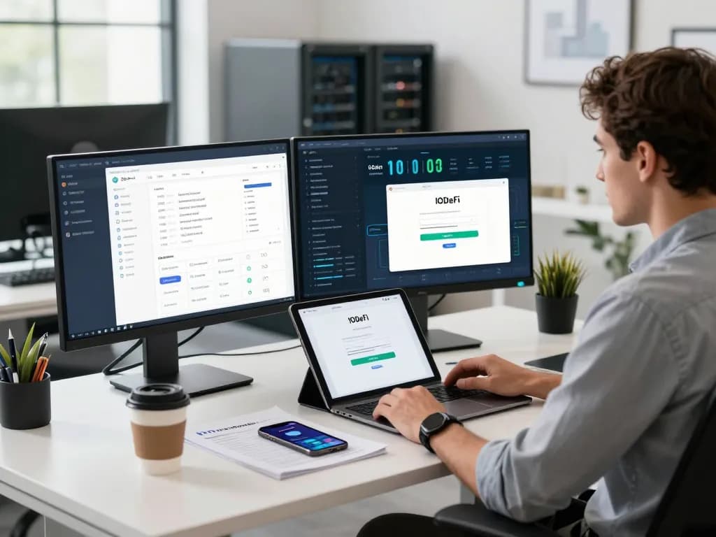 Developer using IODeFi login on a high-tech workspace with multiple screens and coffee.