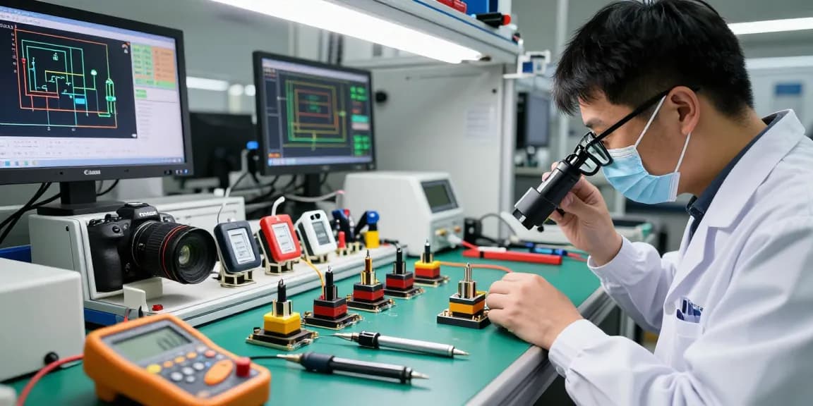 Technician examining a piezo switch in a high-tech manufacturing lab.