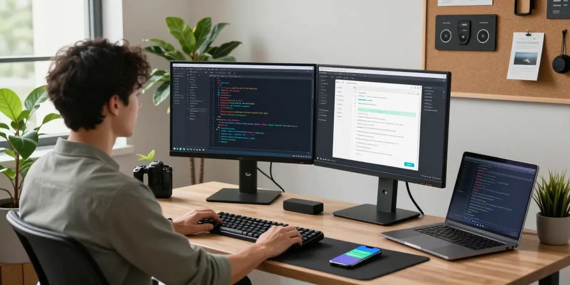 Developer coding the 纸飞机中文版 messaging app in a modern workspace with dual monitors and a vibrant atmosphere.