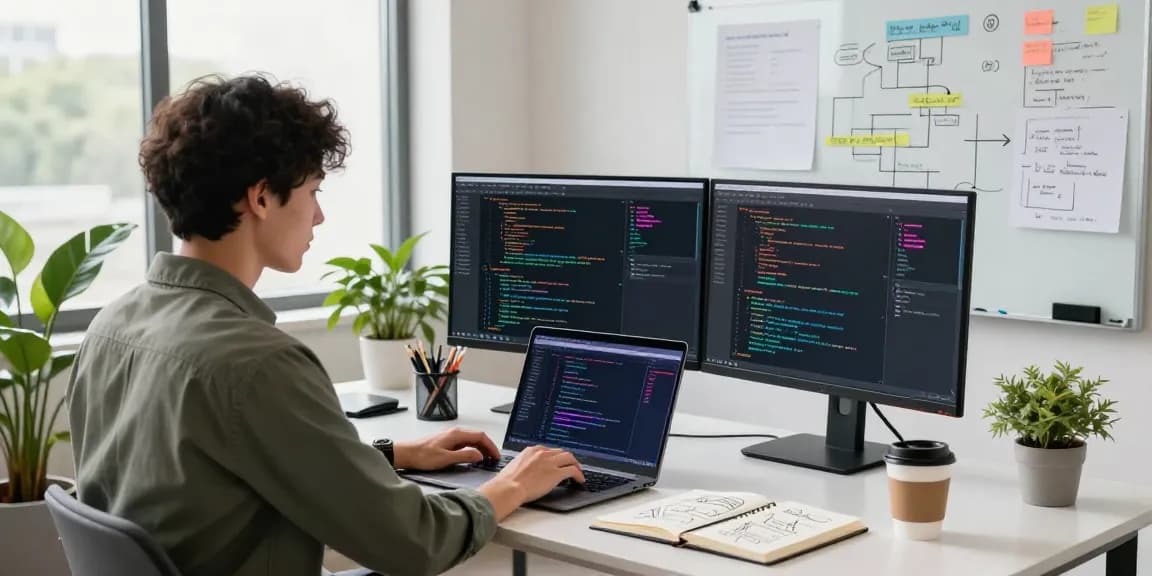 Focused developer using 截图软件 in a bright tech workspace, showcasing vibrant code on monitors and natural light.