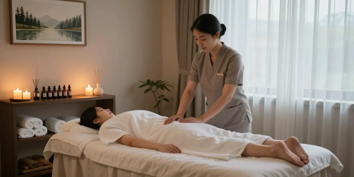 신림동출장안마을 위한 편안한 마사지 치료실의 모습, 아로마 오일과 초로 아늑한 분위기가 연출됩니다.