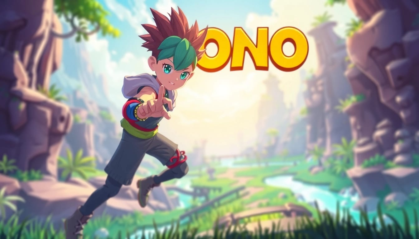 Experience the thrilling action of the yono game with a vibrant character in a fantastical landscape.
