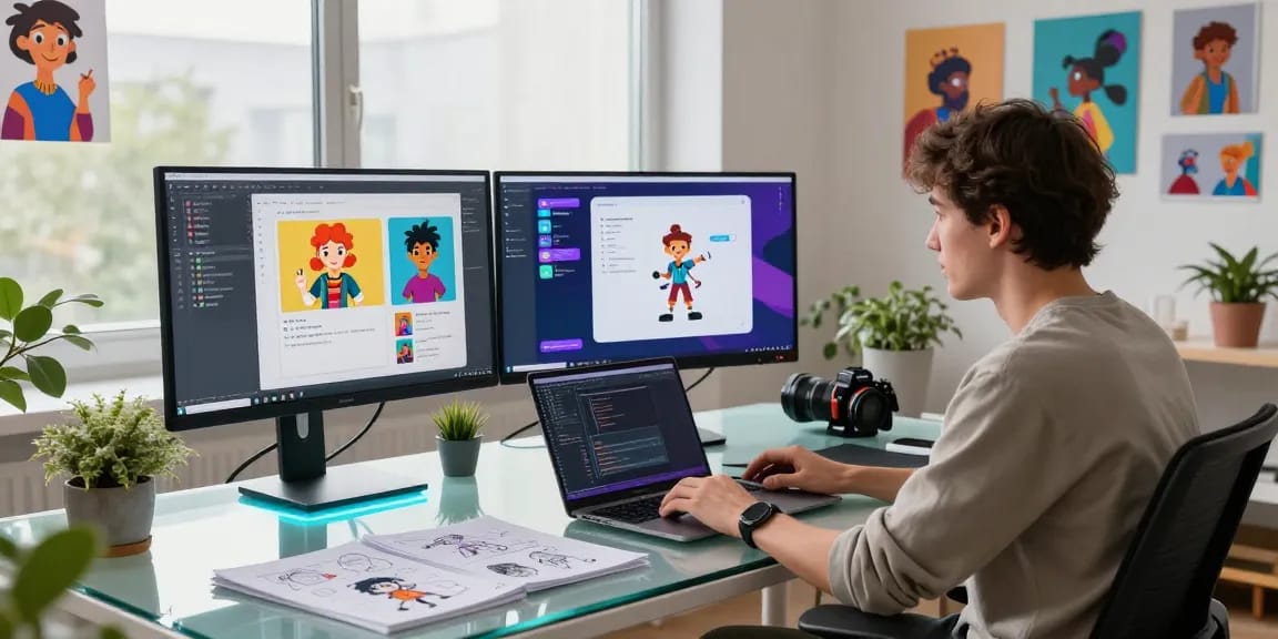 Dynamic digital workspace showcasing CrushOnAI character development, vibrant monitor displays, and creative atmosphere.