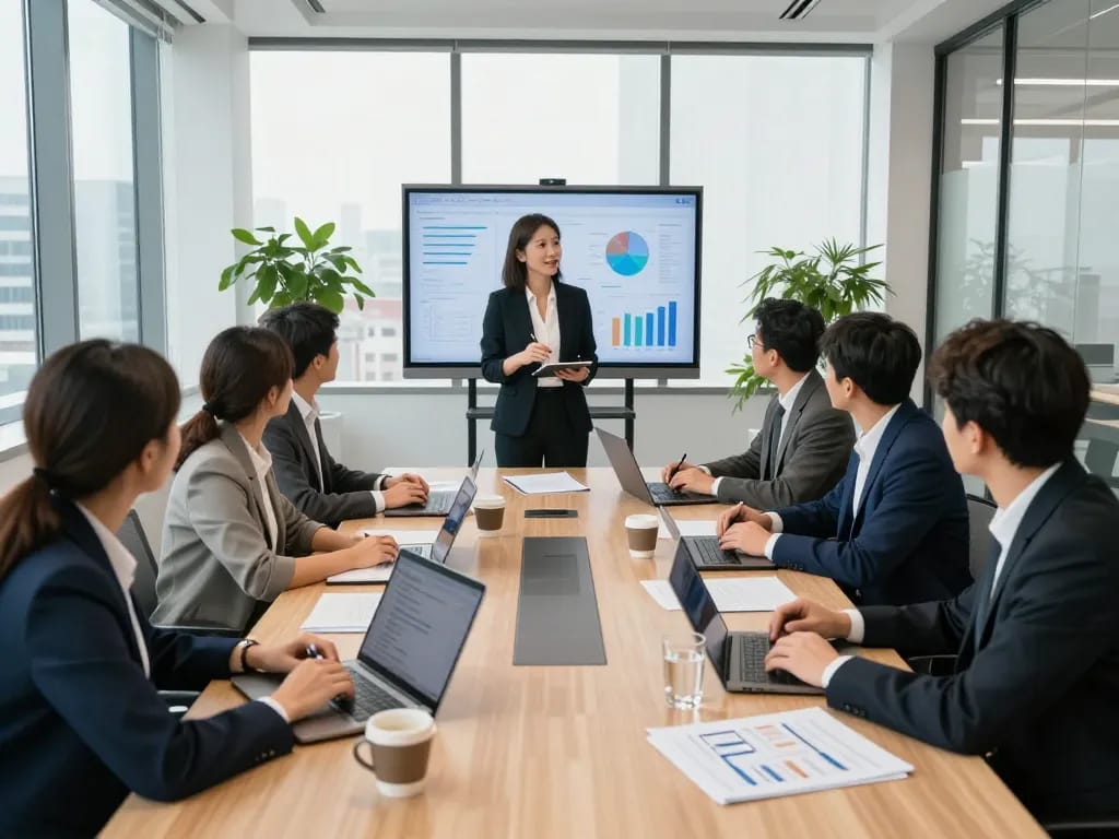 Engaging business meeting discussing 출장 strategies with diverse team in modern office