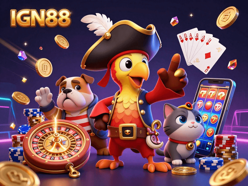 Spin to win at IGN88 with vibrant 3D casino games and dynamic characters like the pirate captain.