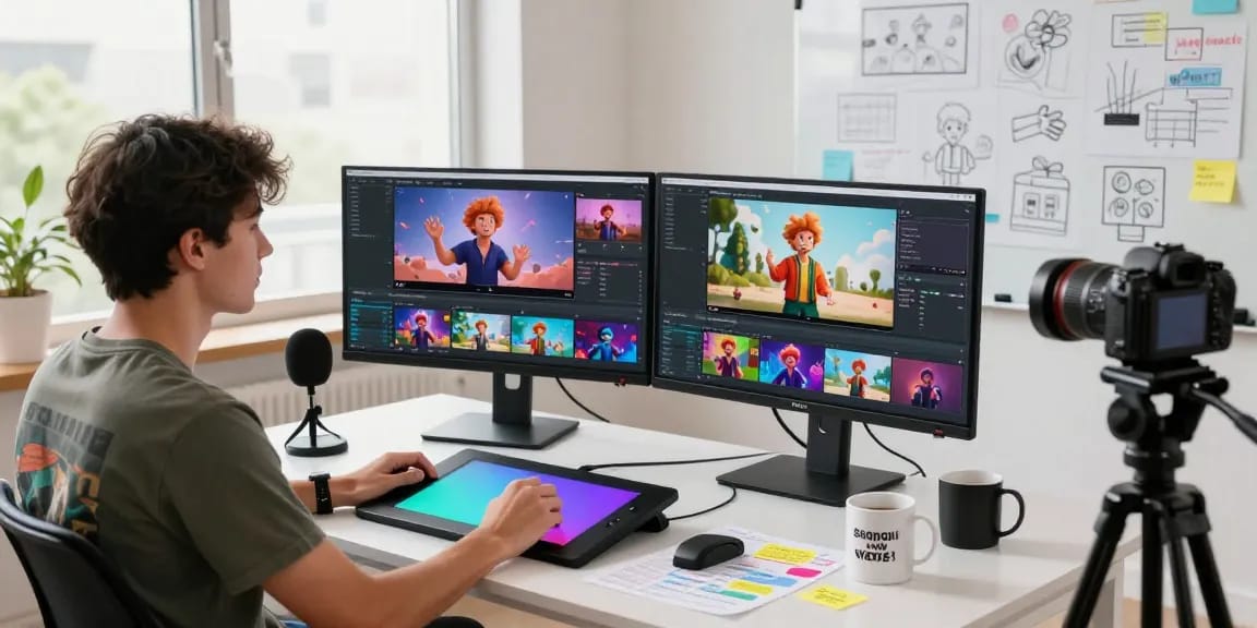 Professional video creator using ai seedance 2.0 in a modern studio with dual monitors and vibrant graphics.