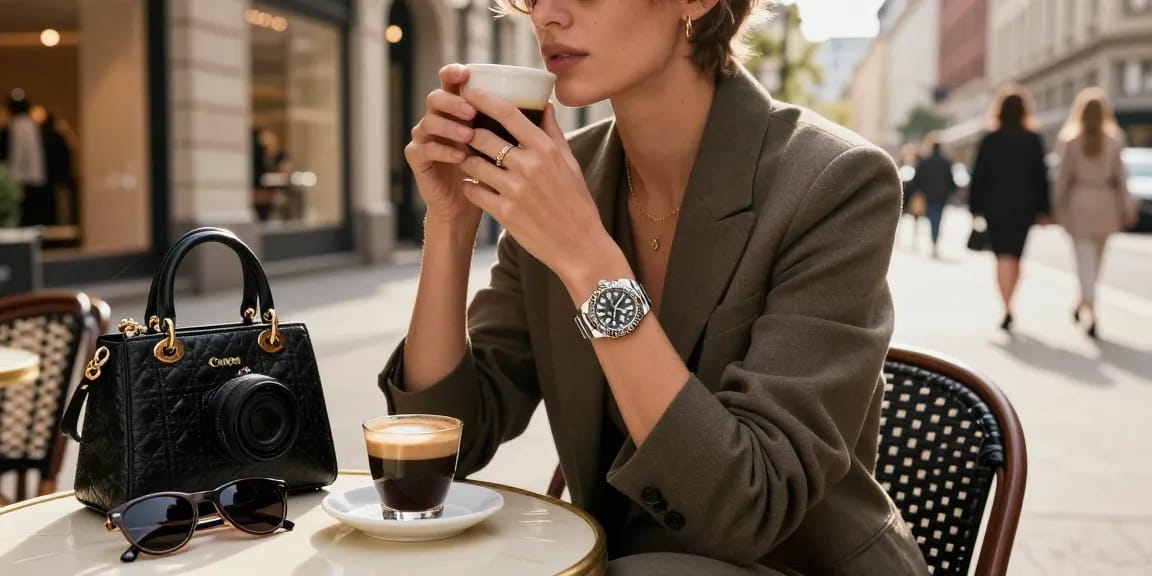 Stylish individual displaying a rolex super clone watch at an upscale café, showcasing luxury and urban elegance.