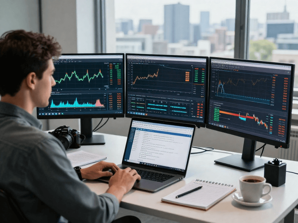 使用MetaTrader 5交易平台的现代交易员工作场景，显示多种交易工具与图表分析。
