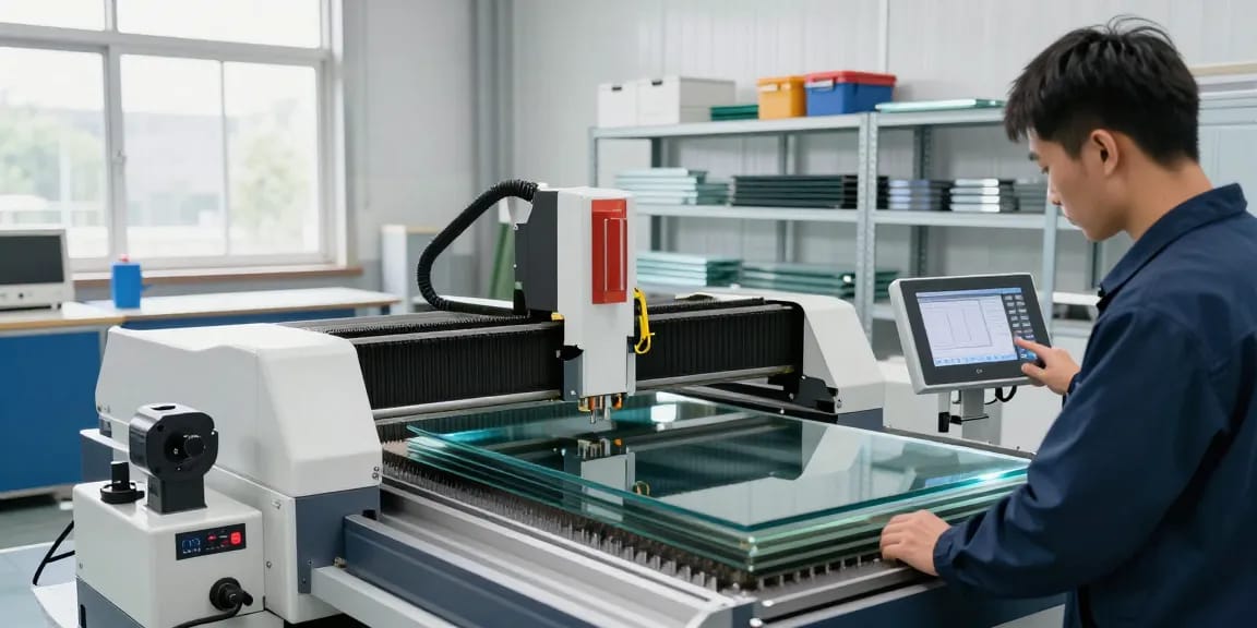 Technician using a glass cutting machine CNC in an industrial workshop, showcasing precision glass processing.
