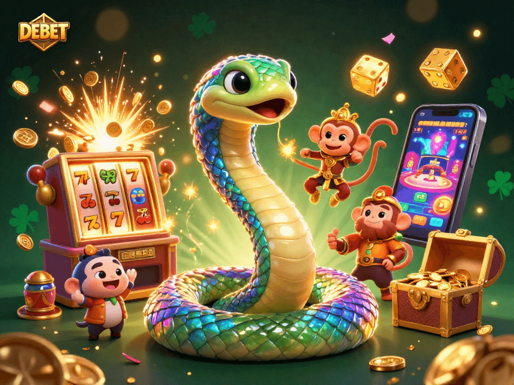 Experience DEBET jackpots with a vibrant 3D illustration of playful casino elements and characters.