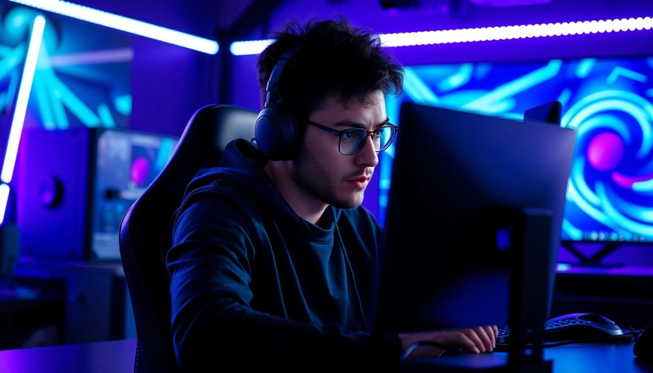 Engaged gamer playing yono game with high-tech setup and vibrant atmosphere.