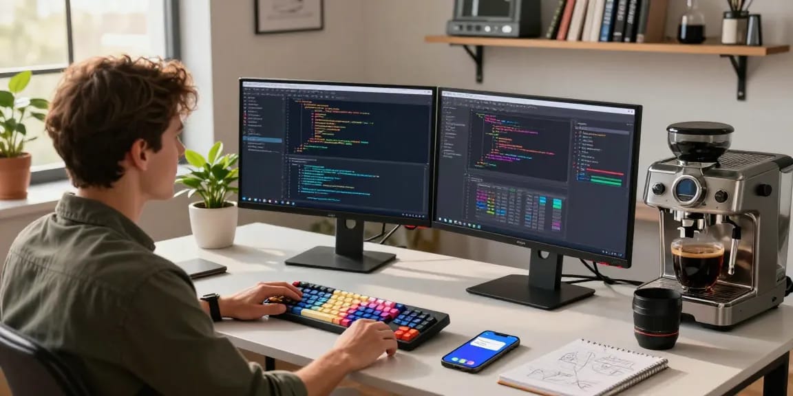 Active software development at teiegramin.com workspace with dual monitors and coding setup.