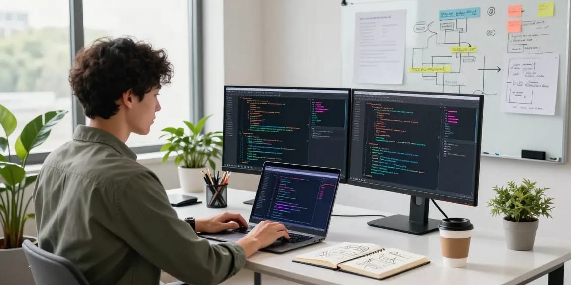Focused developer using 截图软件 in a bright tech workspace, showcasing vibrant code on monitors and natural light.