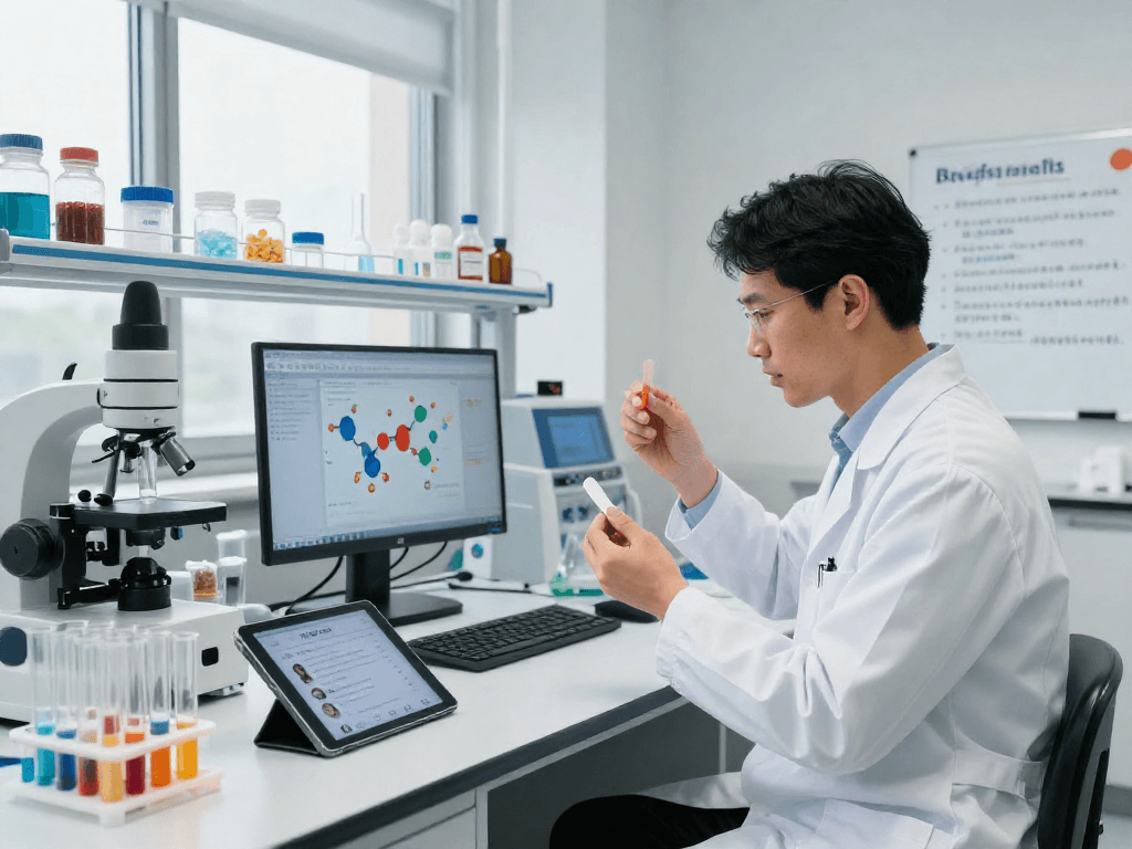 Scientist analyzing buccal strips showcasing TB 500 Benefits in a modern lab.