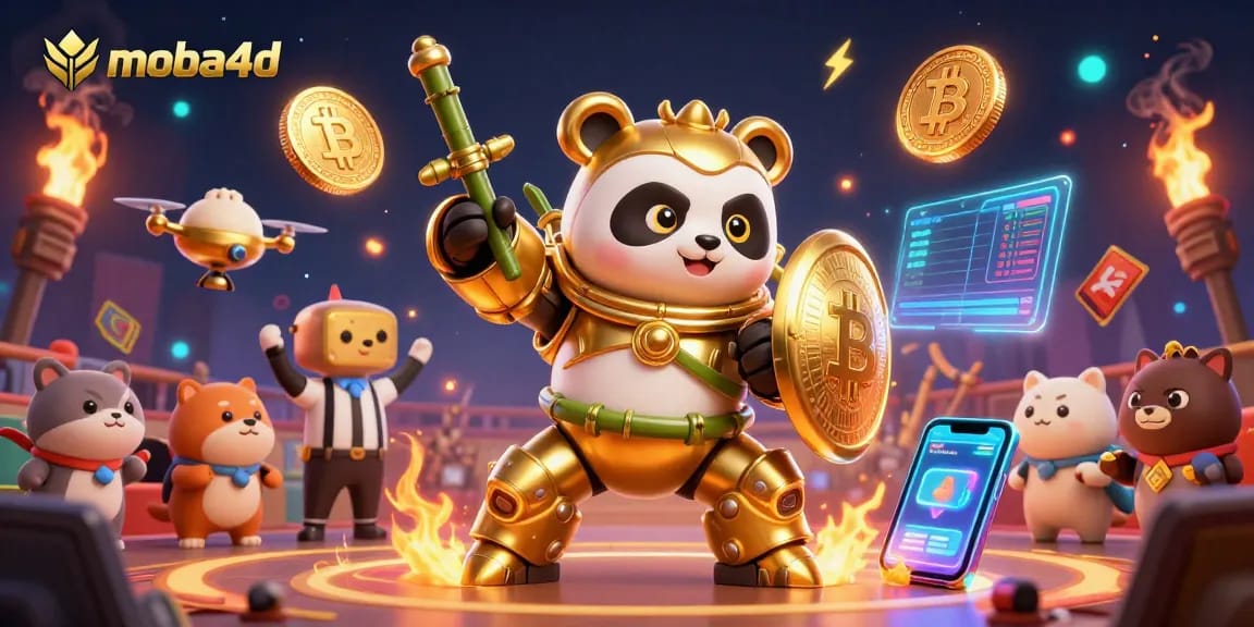 Engage with moba4d through dynamic gaming visuals featuring crypto elements and a lively arena.