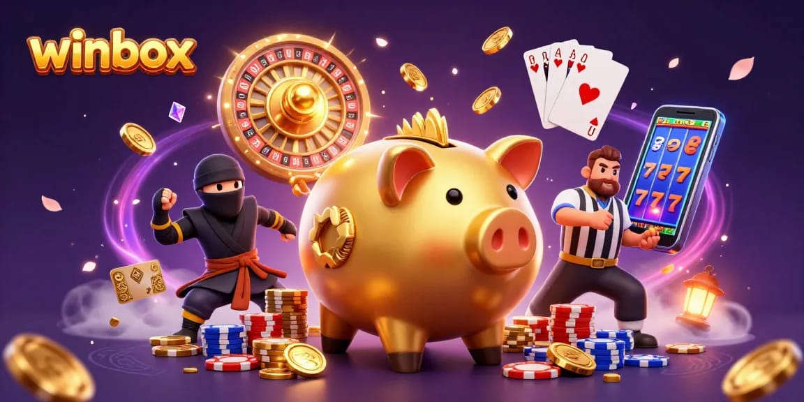 Winbox showcases an epic 3D scene with a piggy bank wrestler, coins, and casino elements.
