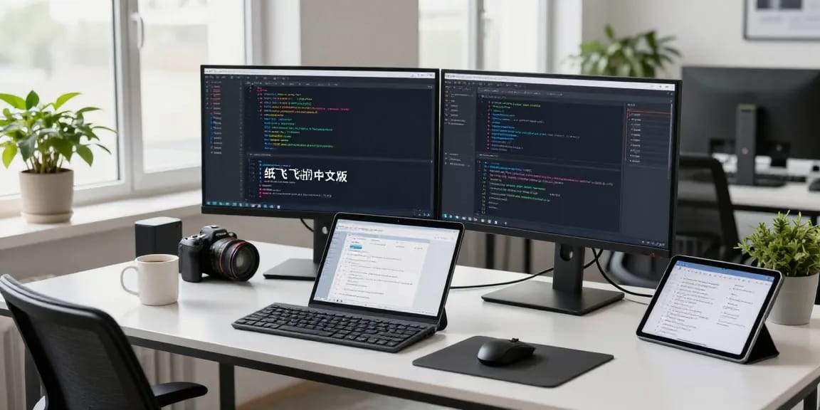 Focused software engineer developing 纸飞机中文版 in a modern workspace, surrounded by tech gadgets and a bright atmosphere.