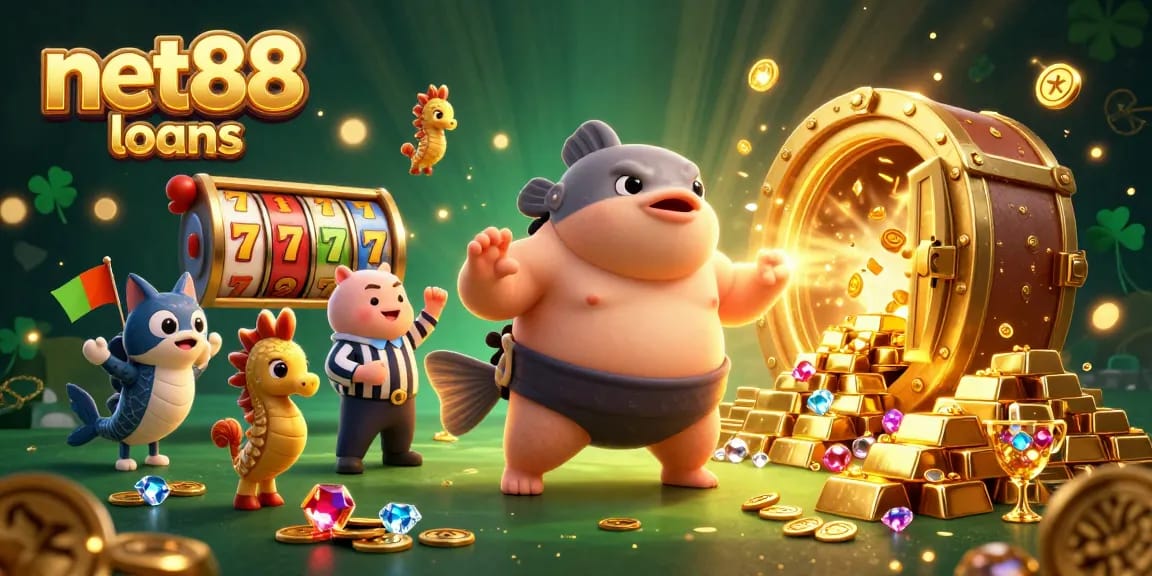 Experience the excitement of net88 loans with a vibrant casino-themed underwater scene featuring a fugu and slot games.