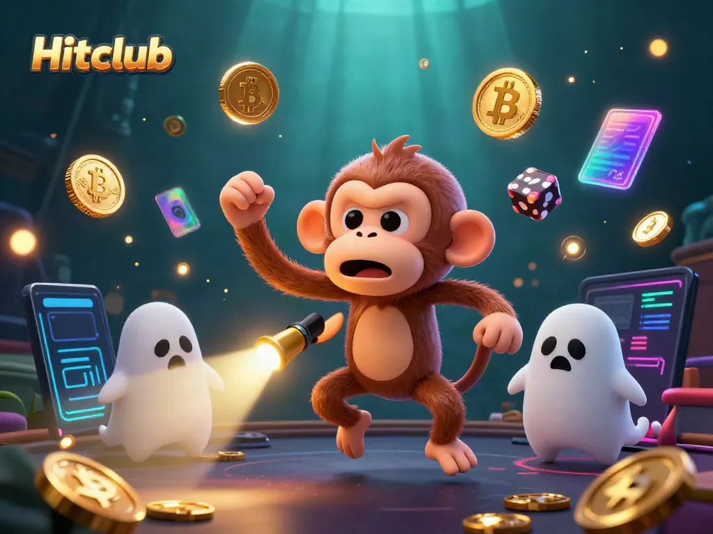 Hitclub showcases a playful poltergeist monkey juggling gold coins and chips in a lively haunted casino.