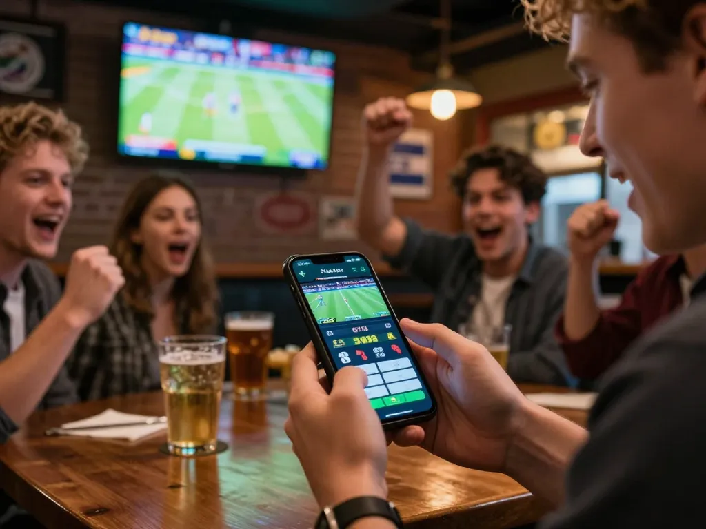 Placing a bet on vaobet through a smartphone amidst cheering friends in a sports bar.
