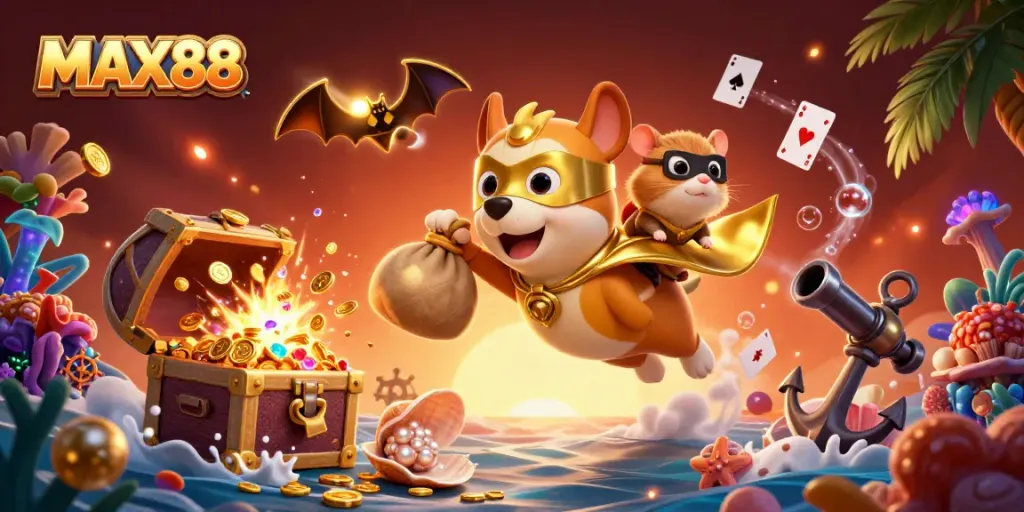 Join the 3D MAX88 adventure with a superhero dog and hamster amidst exploding treasure!