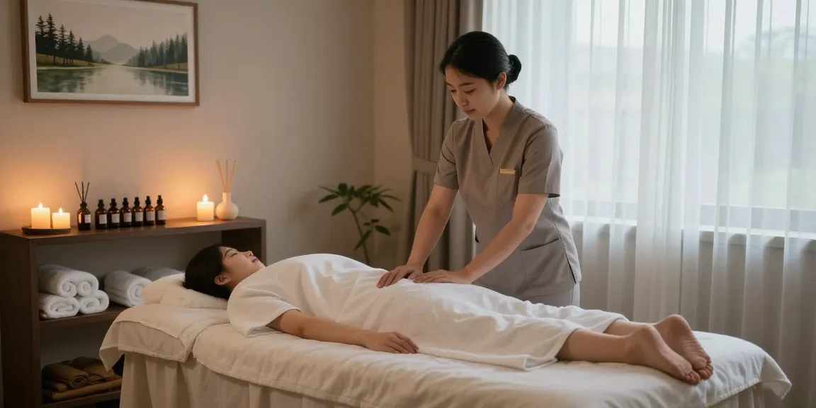 신림동출장안마을 위한 편안한 마사지 치료실의 모습, 아로마 오일과 초로 아늑한 분위기가 연출됩니다.
