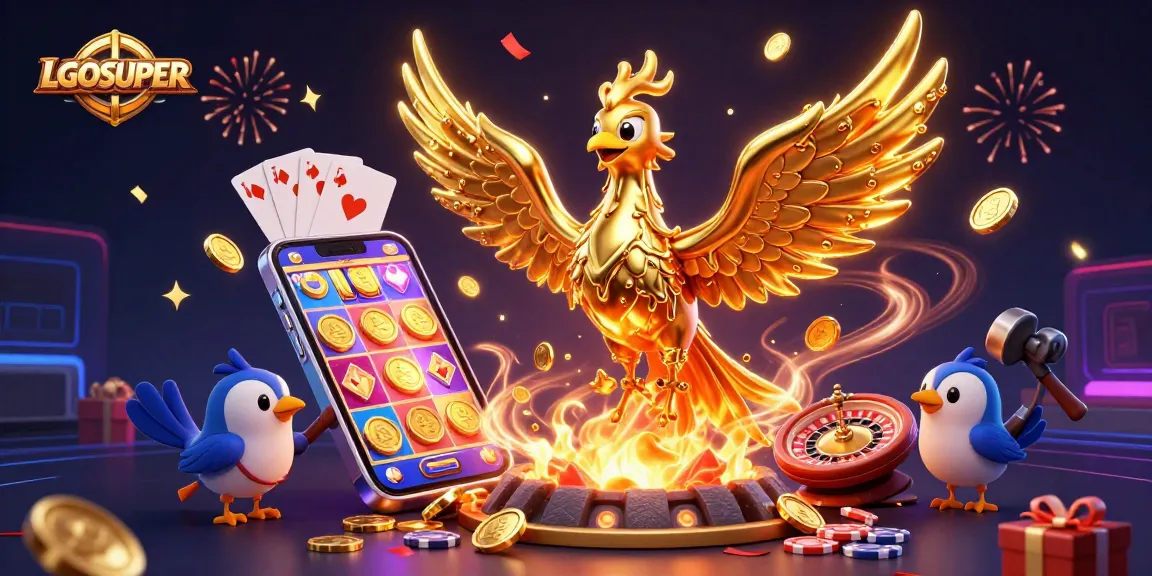 Experience the excitement of LGOSUPER with a dynamic casino illustration featuring a molten phoenix and vibrant gaming elements.