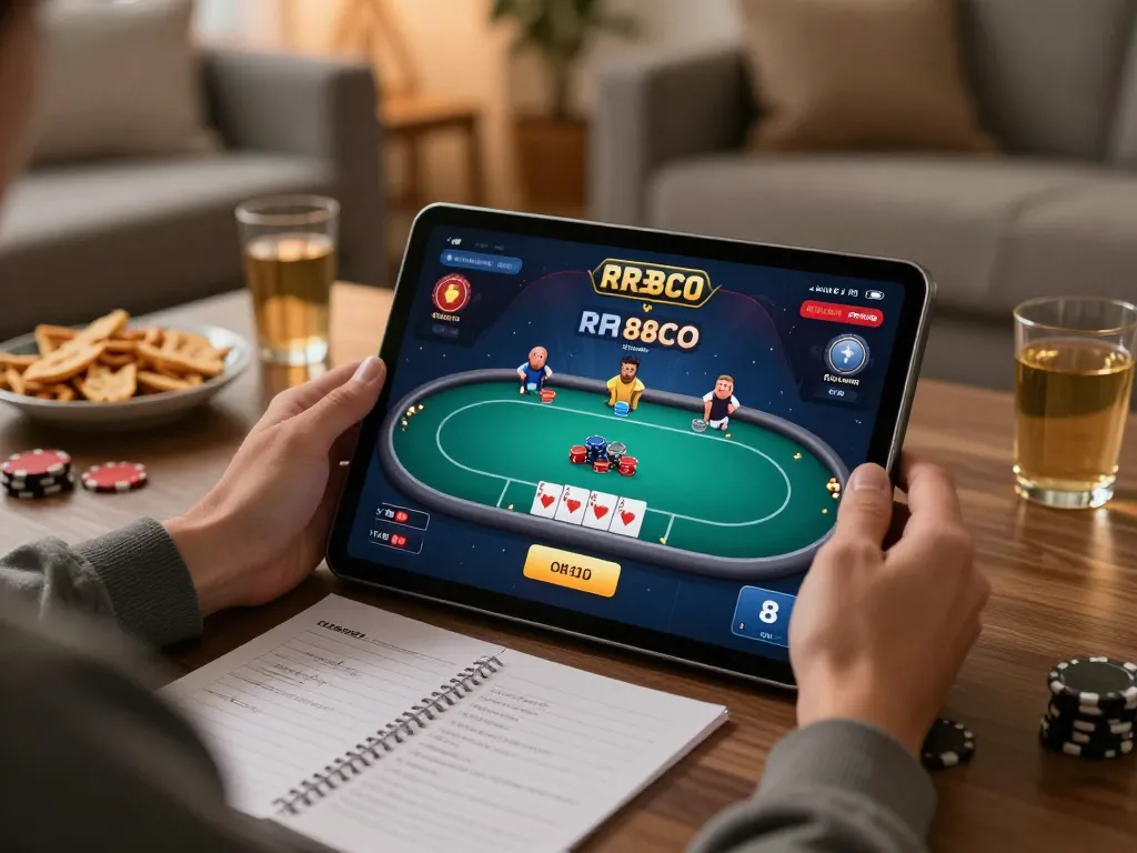 Player enjoying online gambling at RR88CO with a lively poker game on a tablet in a cozy setting