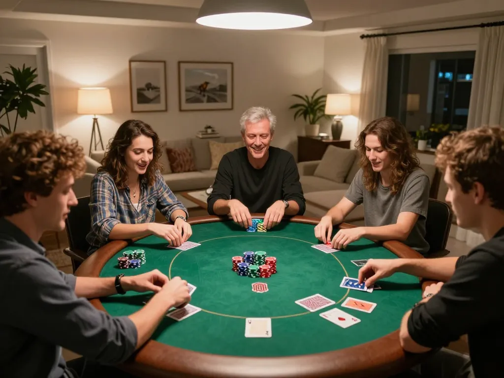 Friends enjoying a home poker night with v9bet, revealing a fun and competitive atmosphere.