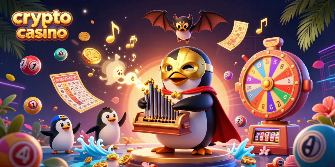 Crea un'atmosfera avvincente nel crypto casino con un pinguino che suona un organo che spara monete d'oro.