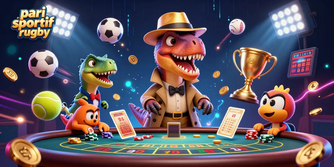 Pari sportif rugby : mise en scène de personnages 3D dans une illustration de casino dynamique.