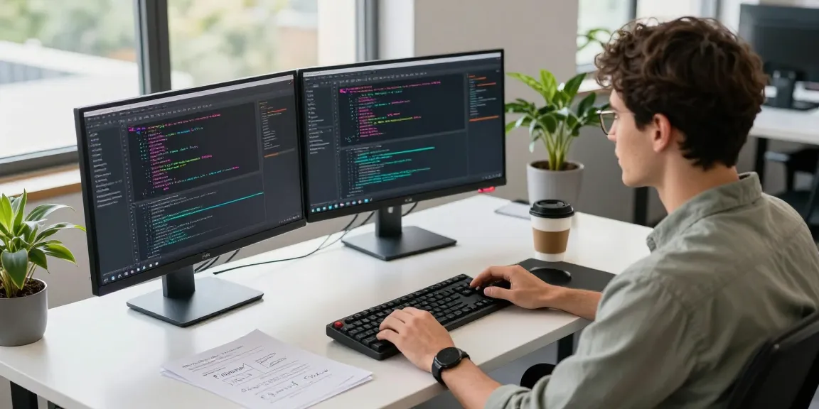 Developer coding on dual monitors showcasing 纸飞机中文版 features in a modern office.