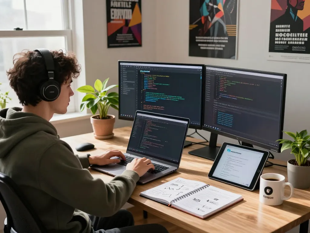 Developer coding with Moltbot on multiple screens in a bright workspace