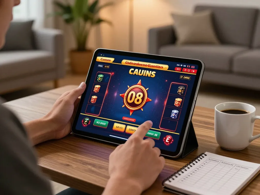 Player enjoying interactive O8 casino game on tablet at home.