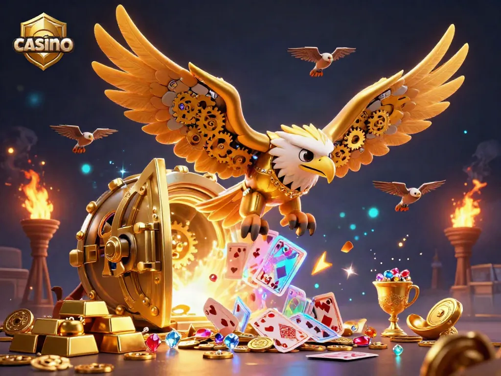 Experience thrilling casino gameplay with the cybernetic eagle soaring through holographic cards.