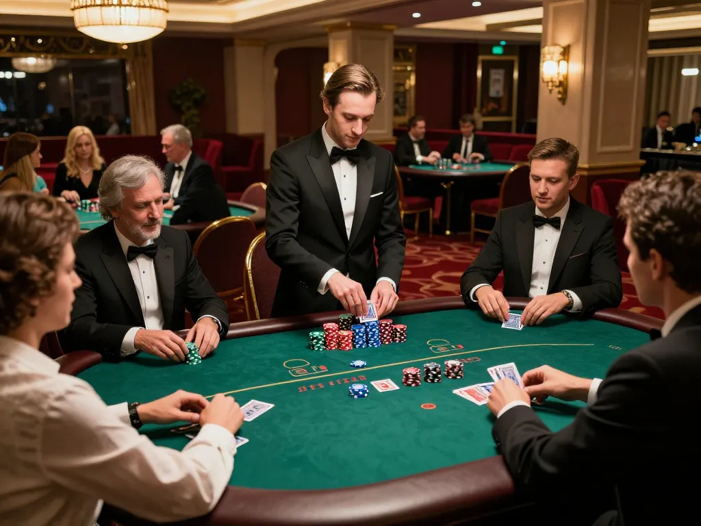 Enjoying a strategic high-stakes poker game at a VIP table in 789win vip casino, featuring players in elegant attire and vibrant chips.