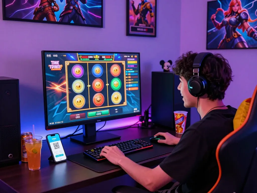 Exciting slot qris gaming setup with player engaged in dynamic gameplay and QRIS payment app visible.