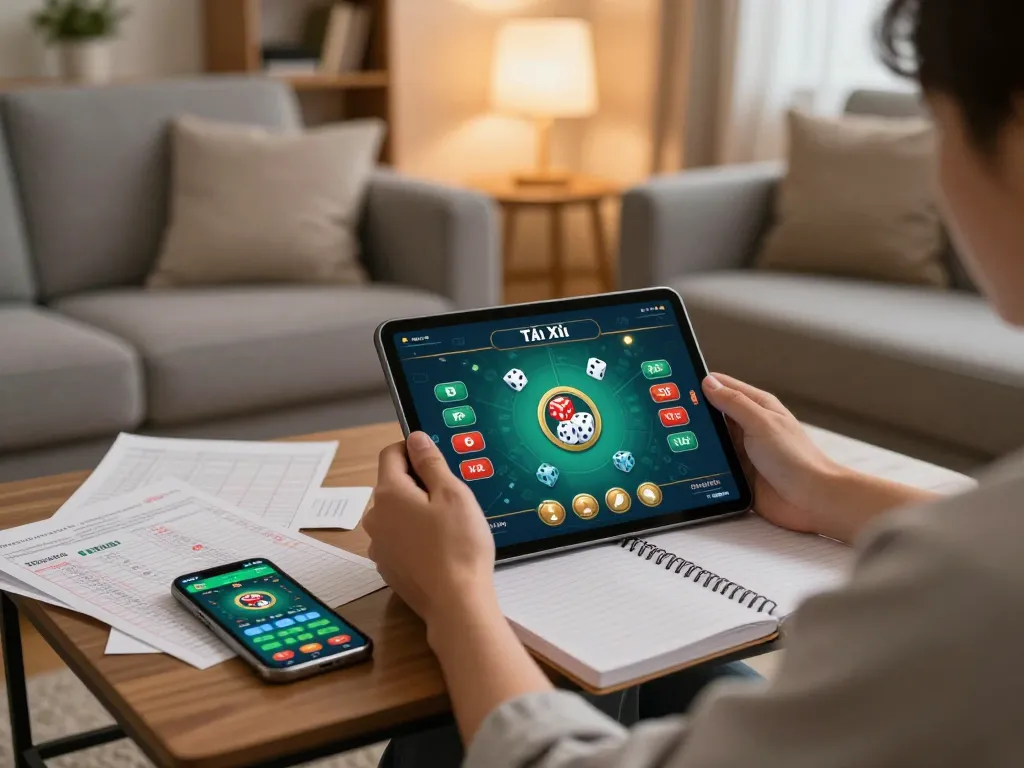 Engaging in online Tài Xỉu gameplay using a tablet at home, showcasing strategies and gaming interface with comfortable ambiance.