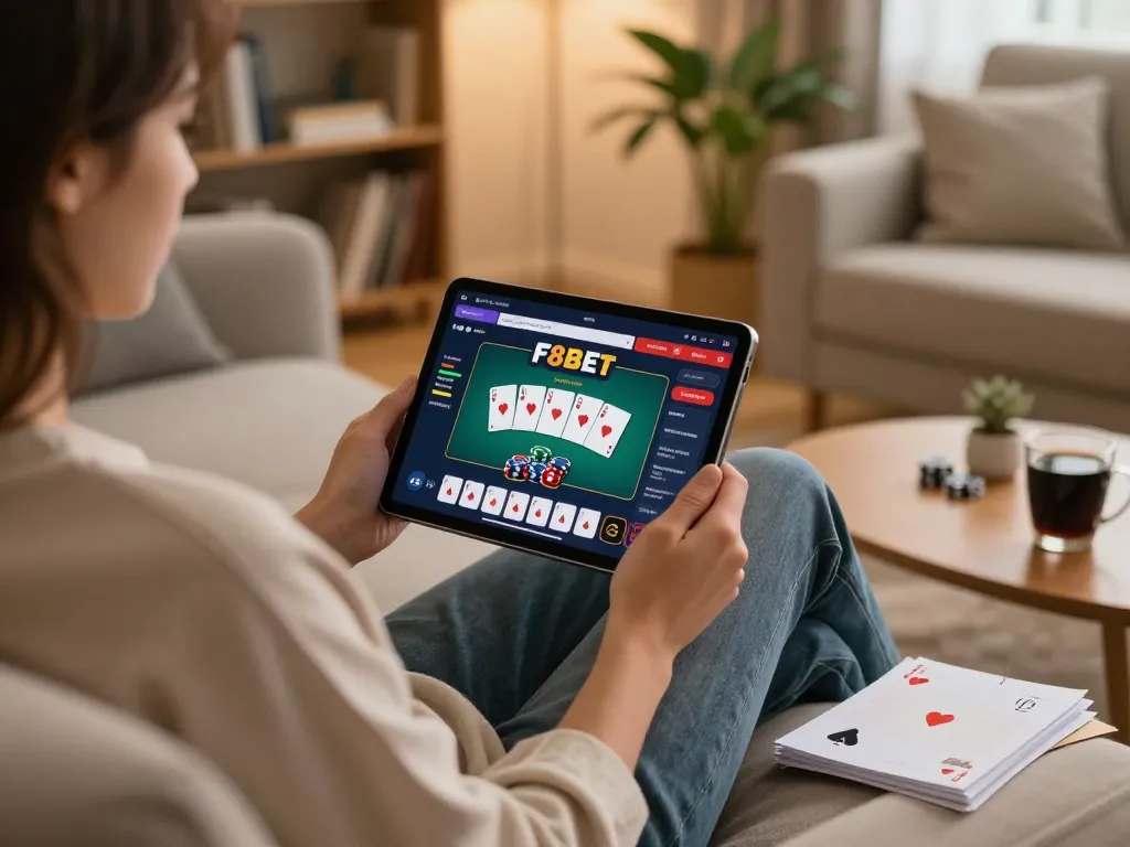 Player engaging in online gaming with F8BET on tablet, warm home atmosphere.